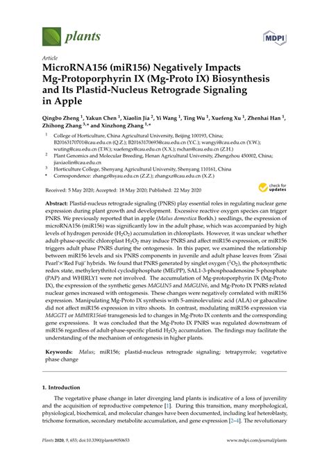 (PDF) MicroRNA156 (miR156) Negatively Impacts Mg-Protoporphyrin IX (Mg-Proto IX) Biosynthesis ...