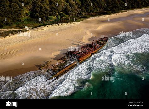 Aerial shot of the famous Maheno Ship Wreck on Fraser Island Stock ...