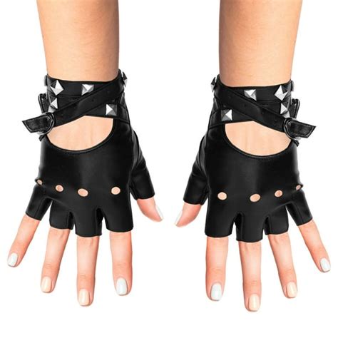 Skeleteen Fingerless Faux Leather Gloves - Black Biker Punk Gloves with ...