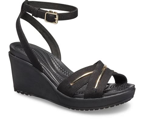 Crocs™ Leigh Ii Metalblock Cross-strap Ankle Wedge in Champagne/Black (Black) - Lyst