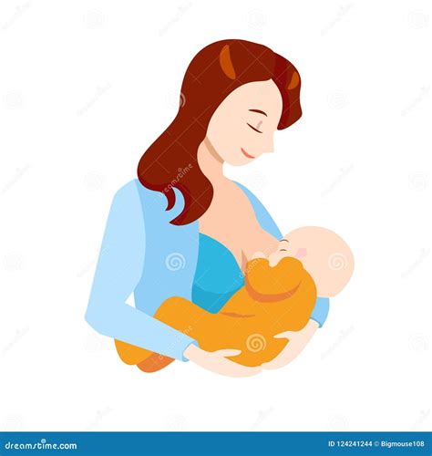 Cartoon Breastfeeding Concept Mother and Newborn Baby. Vector Stock ...