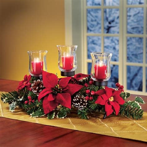 Christmas Poinsettia Candle Holder Centerpiece With Pinecones, Red ...