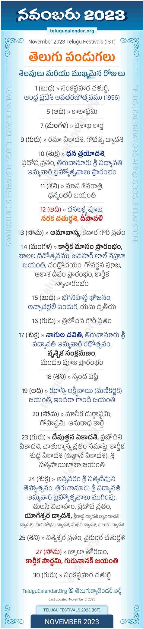 Telugu Festivals 2023 November PDF Download