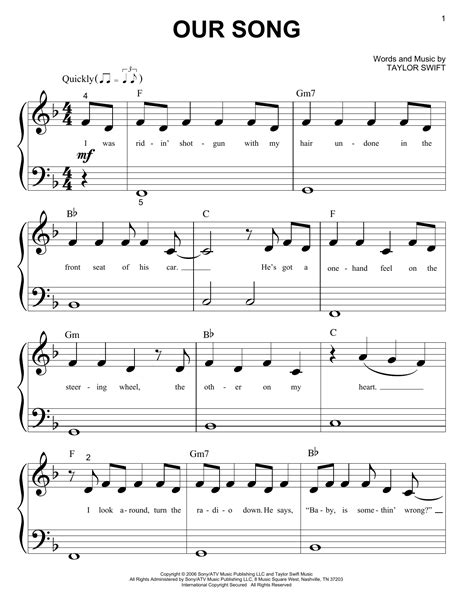 Our Song by Taylor Swift Sheet Music for Big Note Piano at Sheet Music Direct