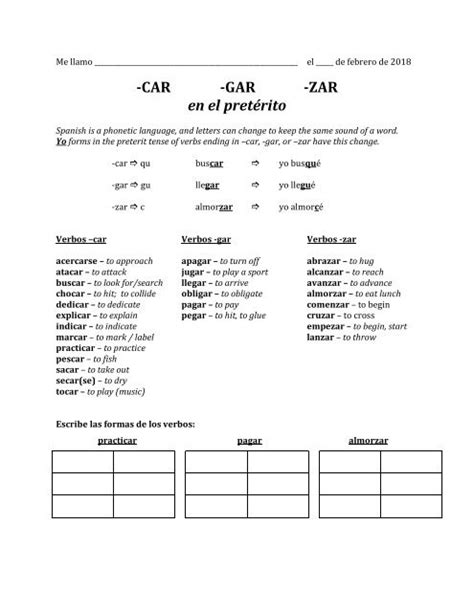 -CAR -GAR -ZAR En El Preterito Worksheet (With Lists Of Car-Gar-Zar Verbs)