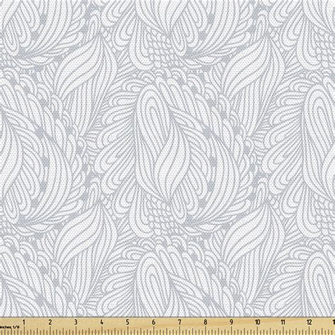 Grey and White Fabric by The Yard, Doodle Style Botanical Leaves Pattern Shabby Ornamental ...