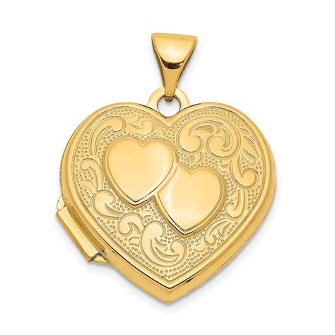 14k Yellow Gold Double Heart Photo Pendant Charm Locket Chain Necklace ...