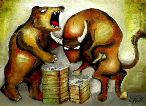 Original Bear and Bull Painting Wall Street Stock Market Modern ...