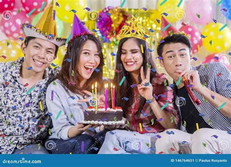 Four Young People Celebrating Birthday Party Stock Image - Image of decoration, hispanic: 146764651