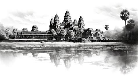 Angkor Wat Cambodia Illustration in Black and White Pencil Sketch ...