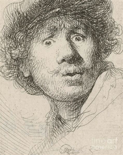 Self Drawing - Self-portrait with beret and wide-eyed, 1630 by Rembrandt { Influenced Courbet ...