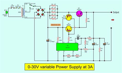 0-30V Variable Power Supply circuit Diagram at 3A - ElecCircuit.com