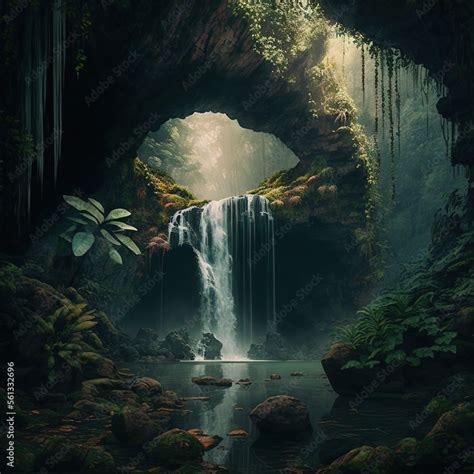 a waterfall in the middle of a forest Stock Illustration | Adobe Stock