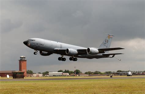 A US Air Force (USAF) KC-135 Stratotanker from the 100th Air Refueling Wing (ARW), takes-off at ...