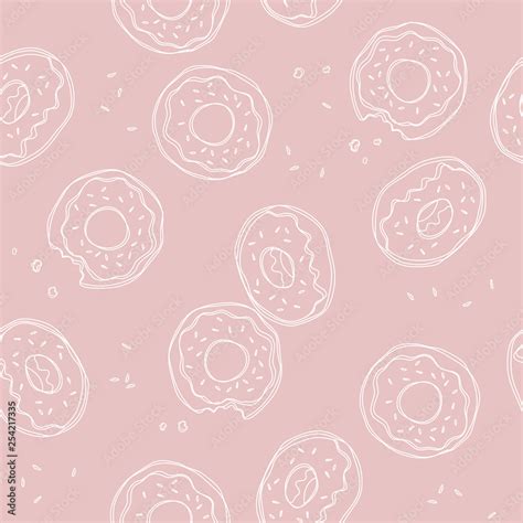 Soft, pastel pink background with donuts. Vector seamless pattern with donuts. Cute sweet food ...