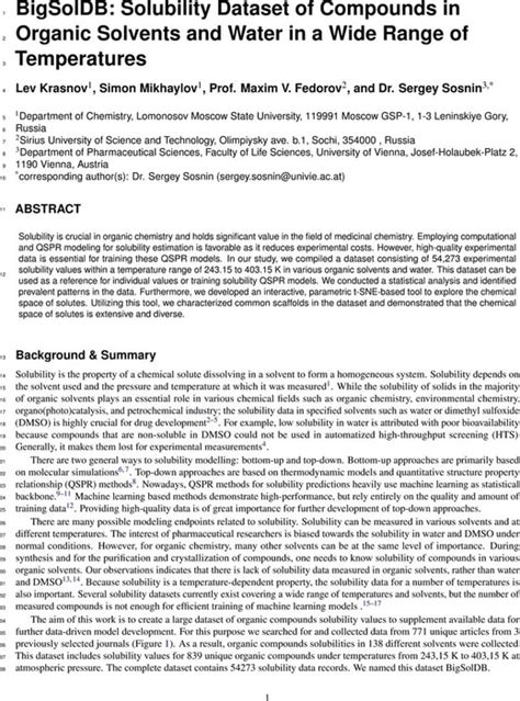 BigSolDB: Solubility Dataset of Compounds in Organic Solvents and Water in a Wide Range of ...