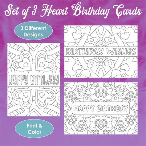 Heart Birthday Cards, Printable Birthday Cards, Printable Cards, Coloring Cards, Heart Design ...