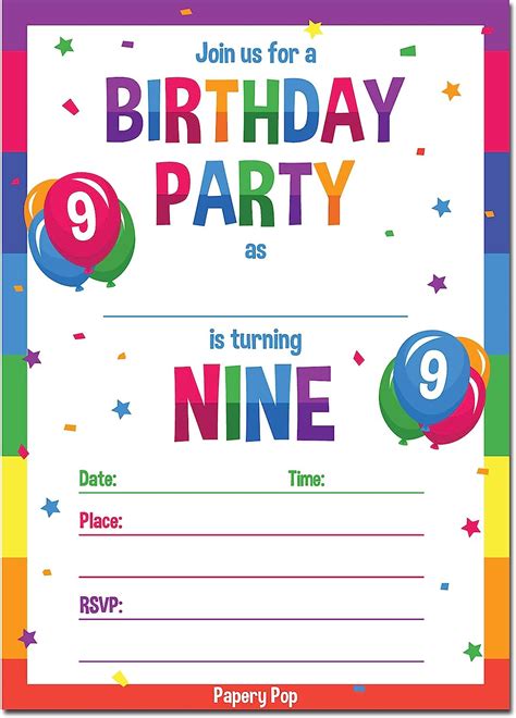 9th Birthday Party Invitations with Envelopes (15 Count) - 9 Year Old ...