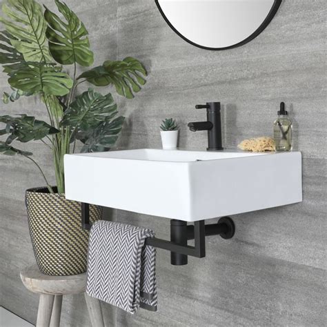 Milano Elswick - White Modern Rectangular Wall Hung Basin with Towel Rail - Choice of Size and ...