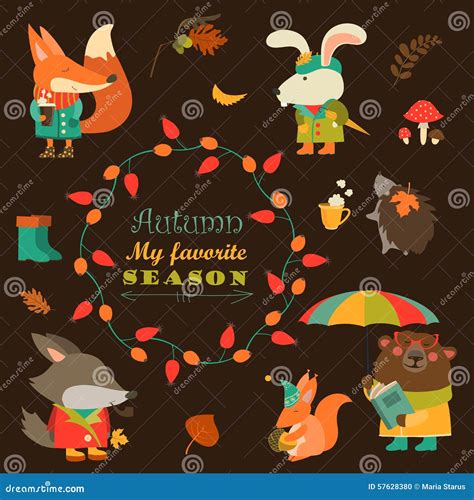 Set of Cartoon Characters and Autumn Elements Stock Vector - Illustration of acorn, october ...