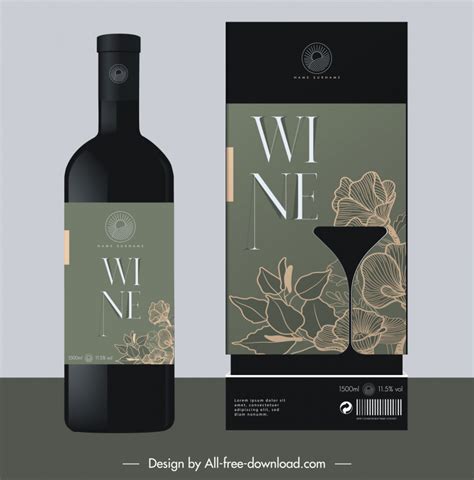 Wine bottle packaging template elegant silhouette wineglass leaves Vectors images graphic art ...