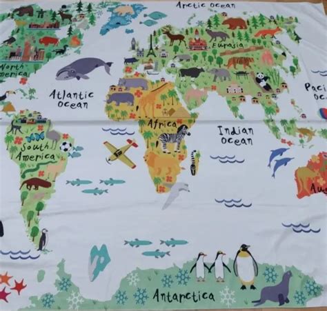 KIDS CARTOON MAP Animals of the World Fabric Map Continents Wall Hanging $12.34 - PicClick