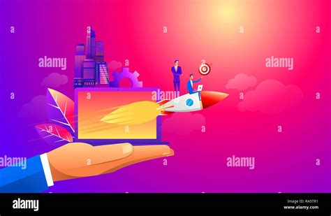 Businessman flying forward with a rocket engine with target idea. Business vector concept ...