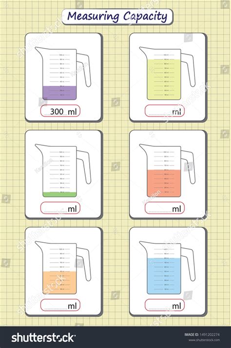 Measuring Capacity Cups Measuring Jugs Worksheet Stock Vector (Royalty ...