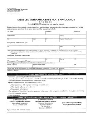 Fillable Online Disabled Veteran License Plate Application - Colorado ...