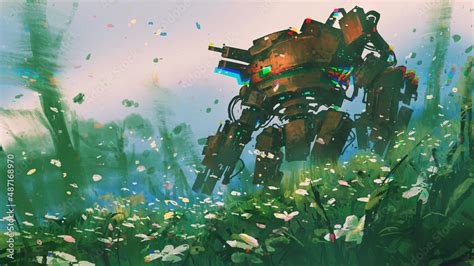 An ancient robot standing in the field of flowers, digital art style ...