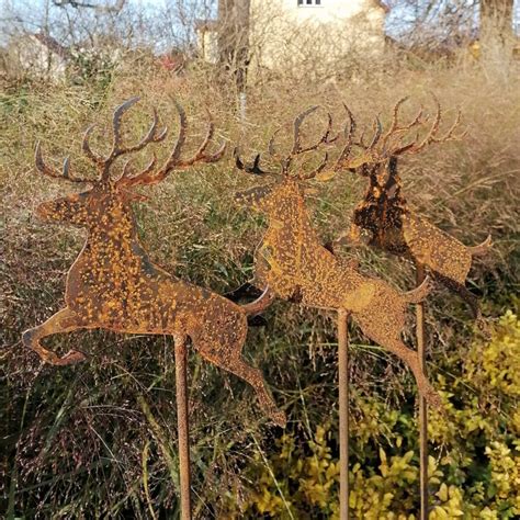 Set of 3 Metal Reindeer Garden Stake, Christmas Art, Rusty Reindeer Garden Sign, Garden Deer ...