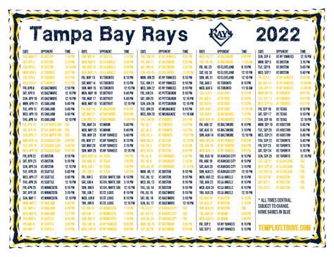 Printable 2022 Tampa Bay Rays Schedule