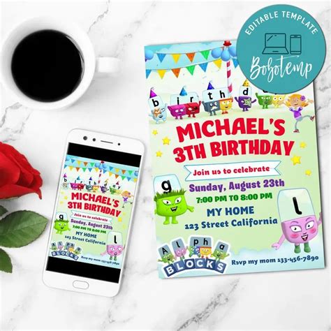 Alphablocks Birthday Invitation Customizable Template | Createpartylabels