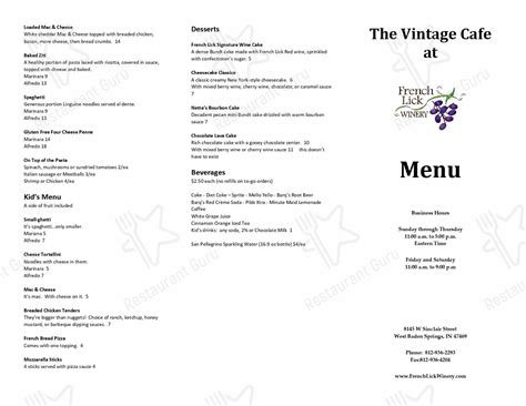 Menu at French Lick Winery restaurant, West Baden Springs