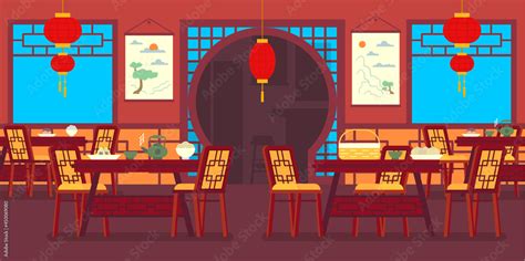 Cartoon Color Chinese Restaurant Traditional Interior Inside Concept Flat Design Style . Vector ...