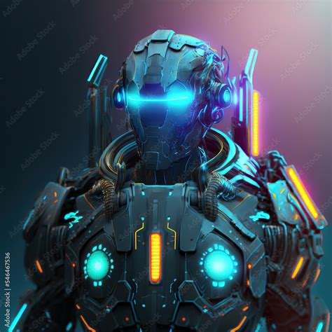 Sci-fi robotic exoskeleton armor with human operator inside, robot with neon glow on face 3d ...