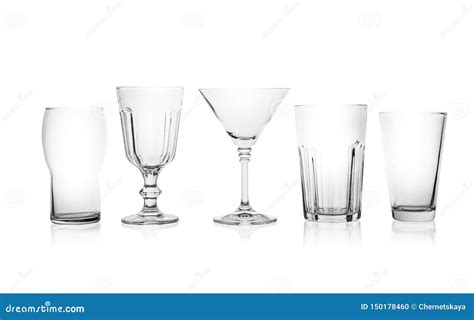 Set of Empty Glasses for Different Drinks on White Stock Photo - Image ...