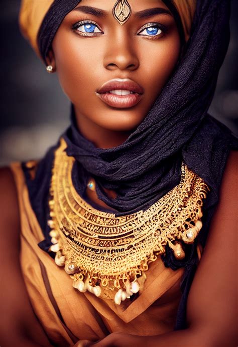 an african woman with blue eyes and gold jewelry on her head, wearing a turban