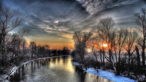 Fluss, Bäume, Schnee, Winter, Dämmerung, HDR-Stil 1920x1080 Full HD 2K ...