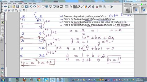 Writing equation of a quadratic number pattern by finding a b and c of ...