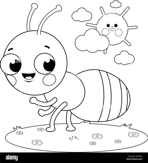 Cute ant cartoon in the grass. Vector black and white coloring page Stock Vector Image & Art - Alamy