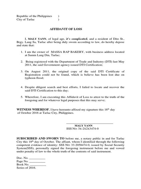 Affidavit of Loss Certificate of Registration BIR