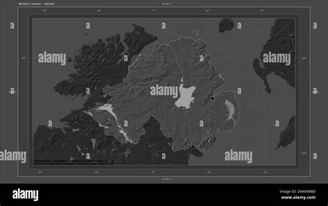 Northern Ireland highlighted on a Bilevel elevation map with lakes and rivers map with the ...