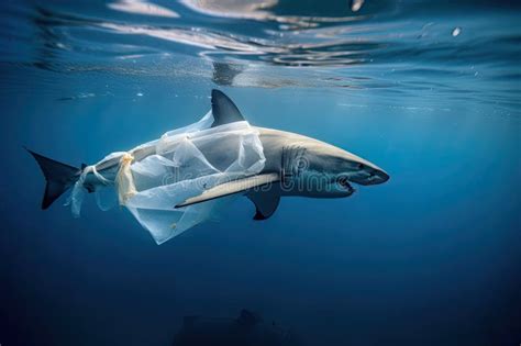 Plastic Pollution in Ocean Environmental Problem. Sharks Can Eat Plastic Bags or Get Trapped in ...