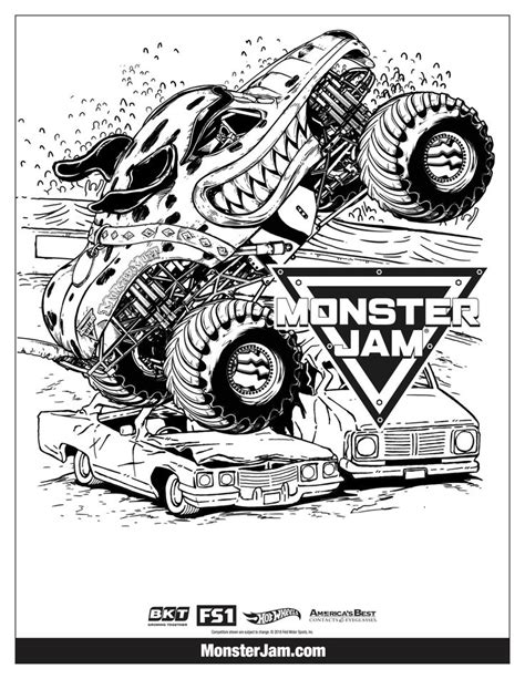 monster jam coloring page with an image of the monster truck crashing over another car in black ...