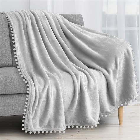 PAVILIA Pom Pom Blanket Throw Twin, Light Gray Silver | Soft Fleece Pompom Fringe Blanket for ...