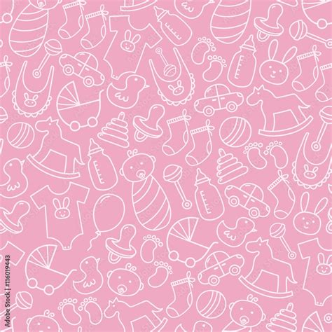 Baby shower doodle seamless pattern. Pink background for girls Stock ...