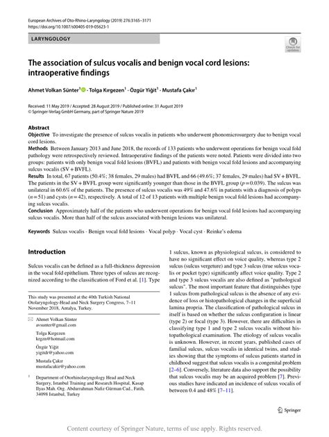 The association of sulcus vocalis and benign vocal cord lesions ...