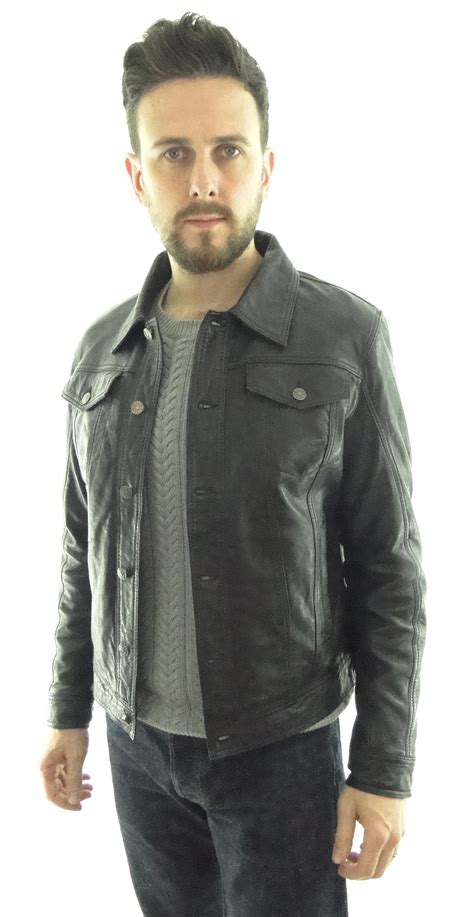 Men's Leather Denim Style Jacket in Black