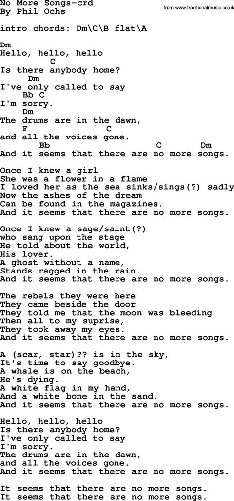 Phil Ochs song - No More Songs, lyrics and chords